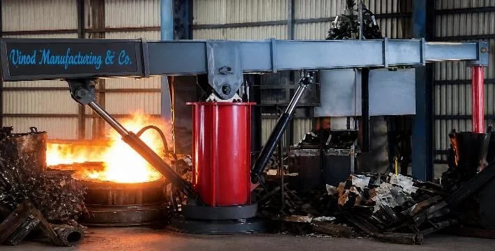 Hydraulic scrap pusher charging a melting furnace at an operating steel plant